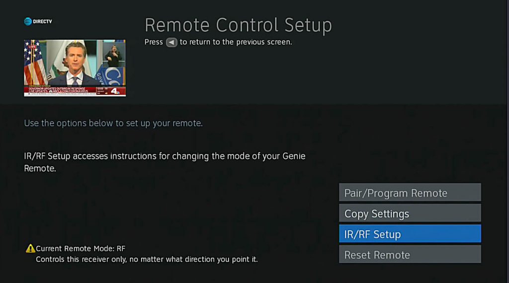 Click Reset Remote to initiate the DirecTV remote control reset