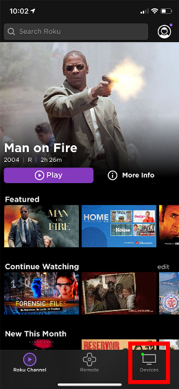 Devices tab on Roku app