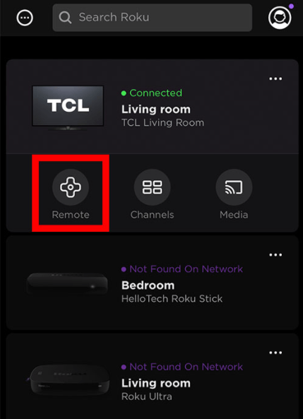 Remote option on Roku mobile app