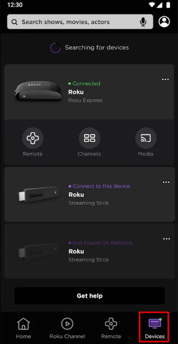 Devices option on The Roku App