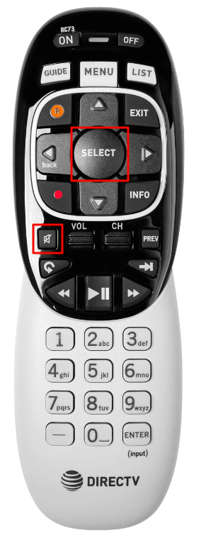 Press the MUTE and SELECT buttons on the DirecTV RC73 remote