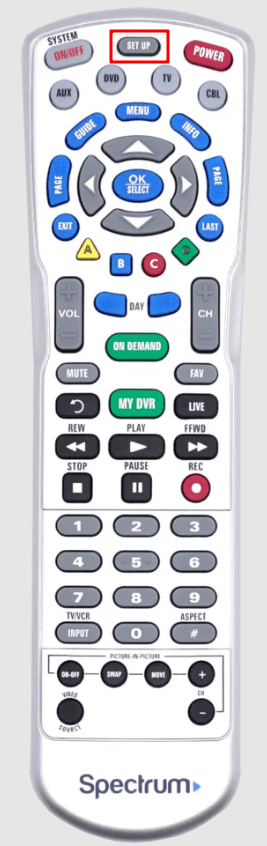 Press the SETUP button on Spectrum Charter Remote