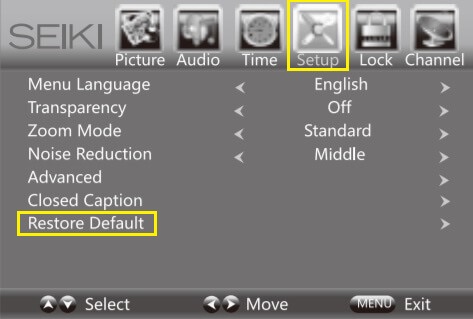 Restore Default option on Seiki TV