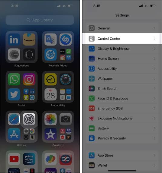 Go to Settings and select Control center on your iPhone 