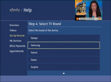 Select the TV brand to program Xfinity remote