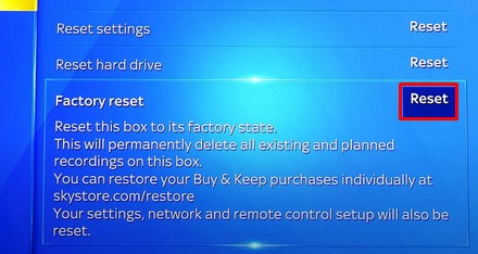 Click Reset to reset the Sky Q box