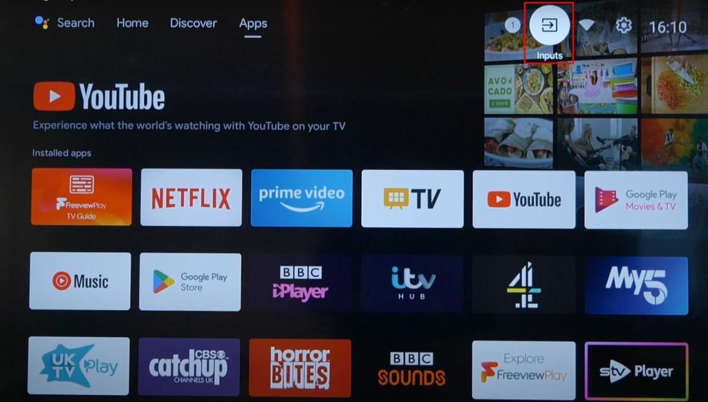 Click the Inputs icon on the Android TV home screen.