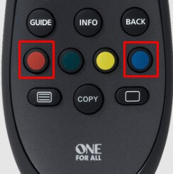 Hold the Red and Blue buttons on the OFA remote